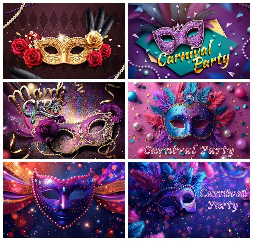 Feather Mask Birthday Party Backdrop Gold Ribbon Chain Carnival Masquerade Purple and Gold Photo Adult Custom Background