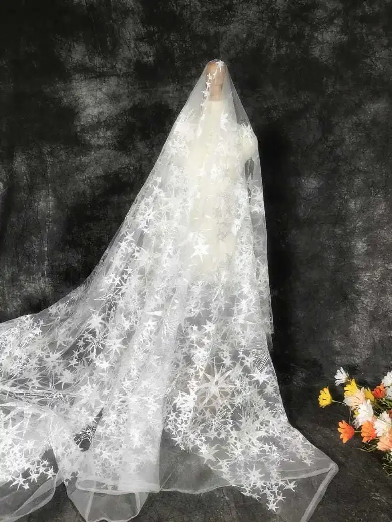 

Heavy Duty White Five Pointed Star Embroidered Lace Net Fabric for Wedding Dress Gown Costume DIY Sewing Material