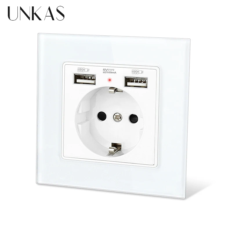 UNKAS Dual USB EU / Spain / Russia Grey Wall Power Socket Holder Tempered Glass Panel Fast Charger With Phone Outlet