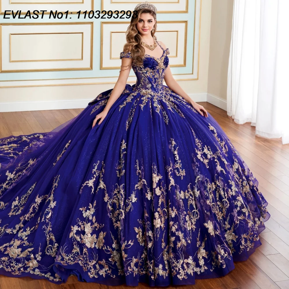 

EVLAST Customized 2026 Blue Ball Gown Quinceanera Dress Gold Lace Applique Beading Bow Sweet 16 Vestidos De 15 Anos E1QN285