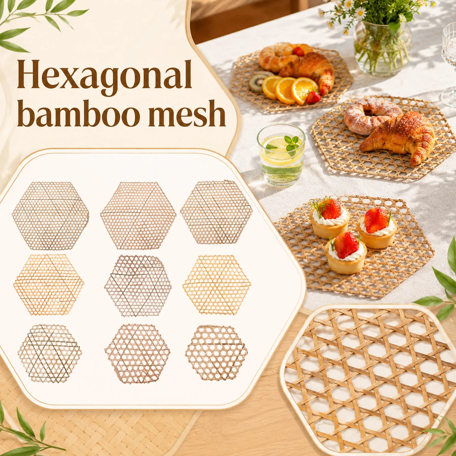 5pcs Natural Hexagon Placemat Set Bamboo Woven Insulation Pad Set Non-Stick and Heat-resistant Mat for Dining Table