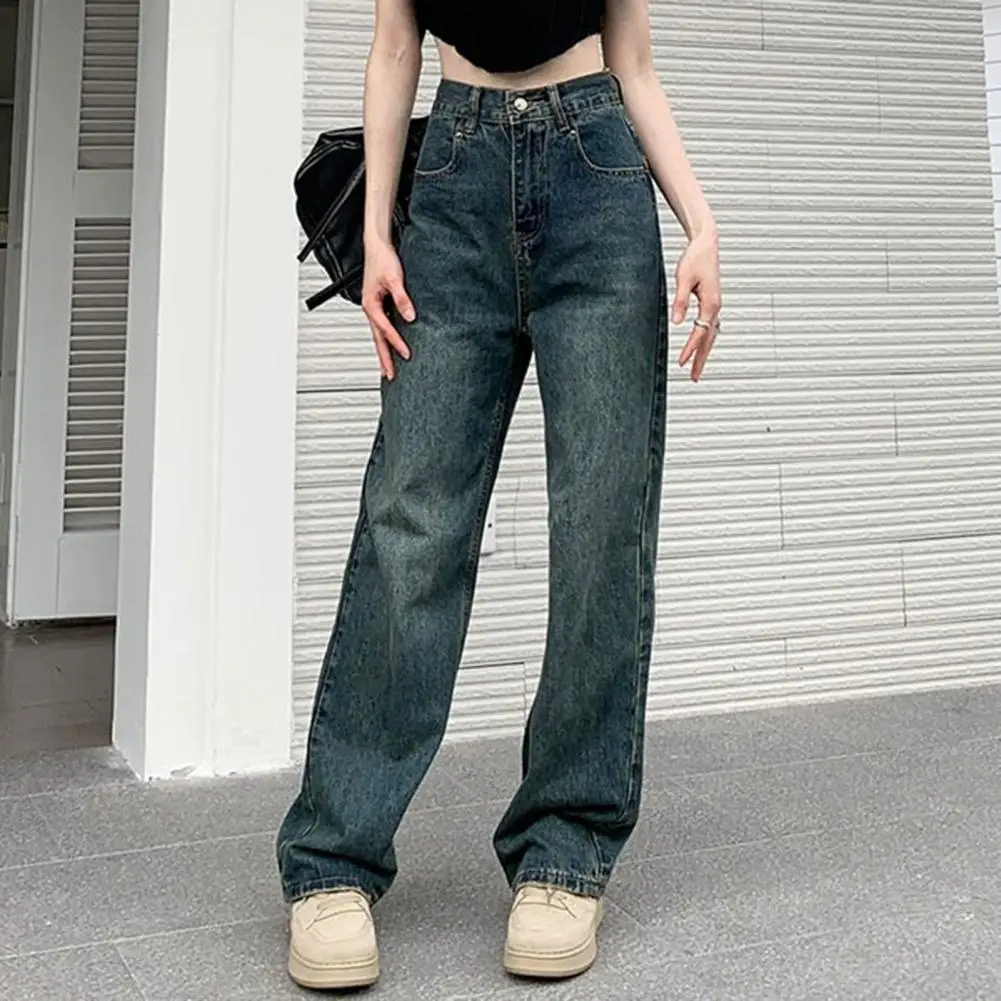 Jean Taille Haute en Denim pour Femme Pantalon à Jambes Larges avec Poches Déchirées, Fermeture à Fermeture Éclair à lèvent, Couleur Unie