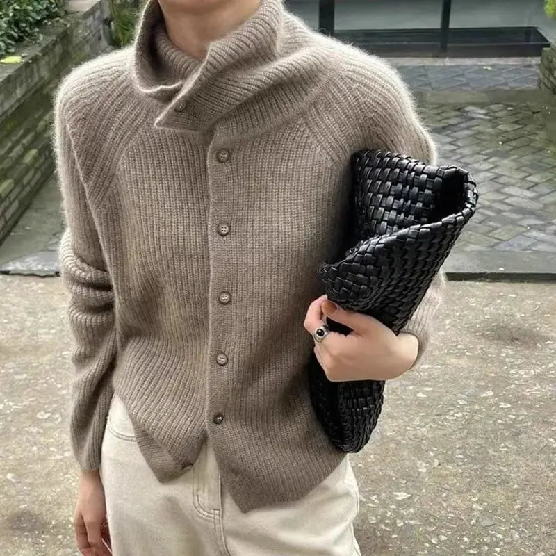 Solid Color Single-breasted Fashion Knitted Cardigan for Women's Spring and Autumn New High-neck Long-sleeved Versatile Sweater