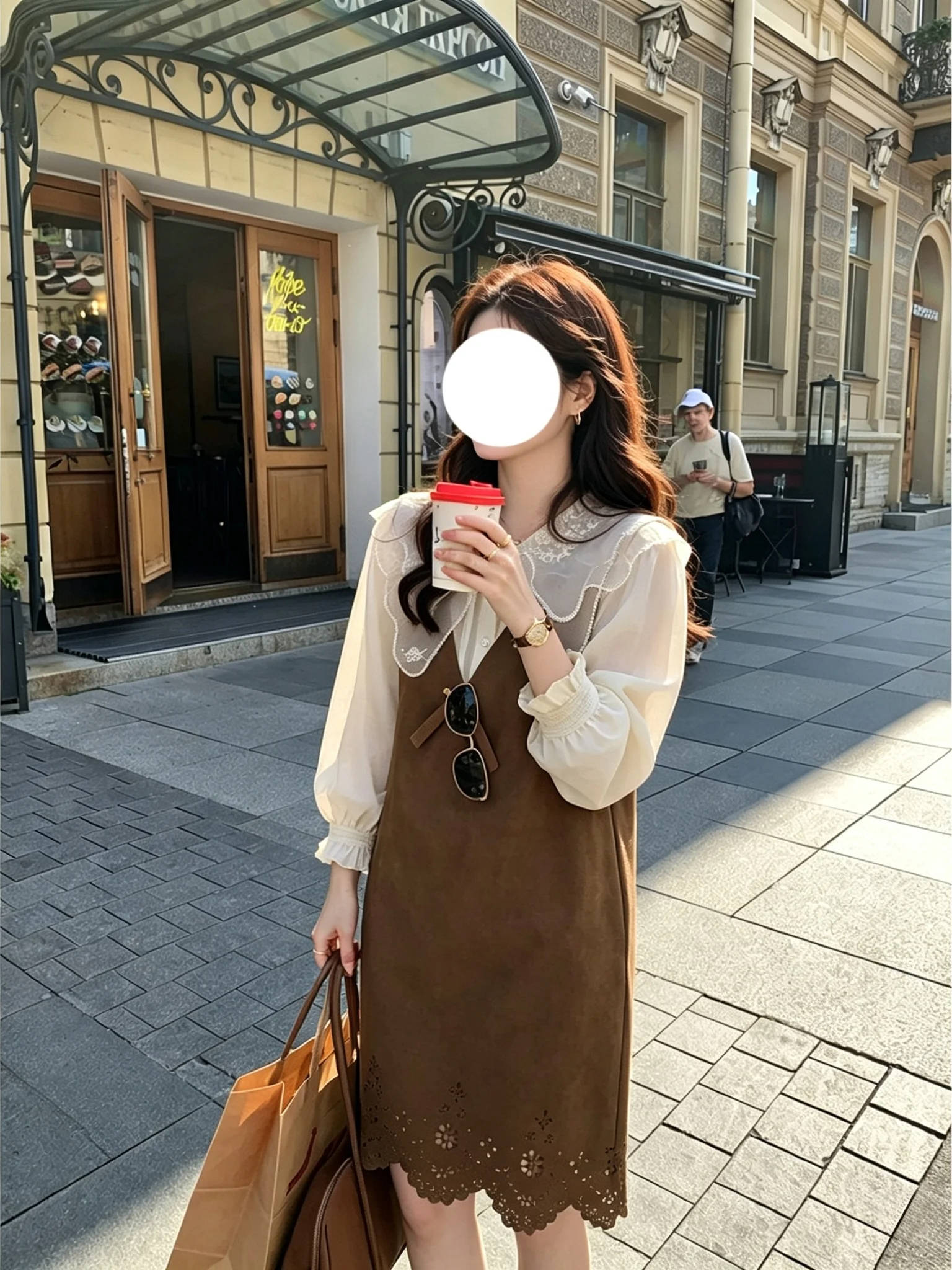 plus Size Women's Vintage Korean Style Hollow out Top And Dress Casual Versatile Two Piece Set High Waist  Color