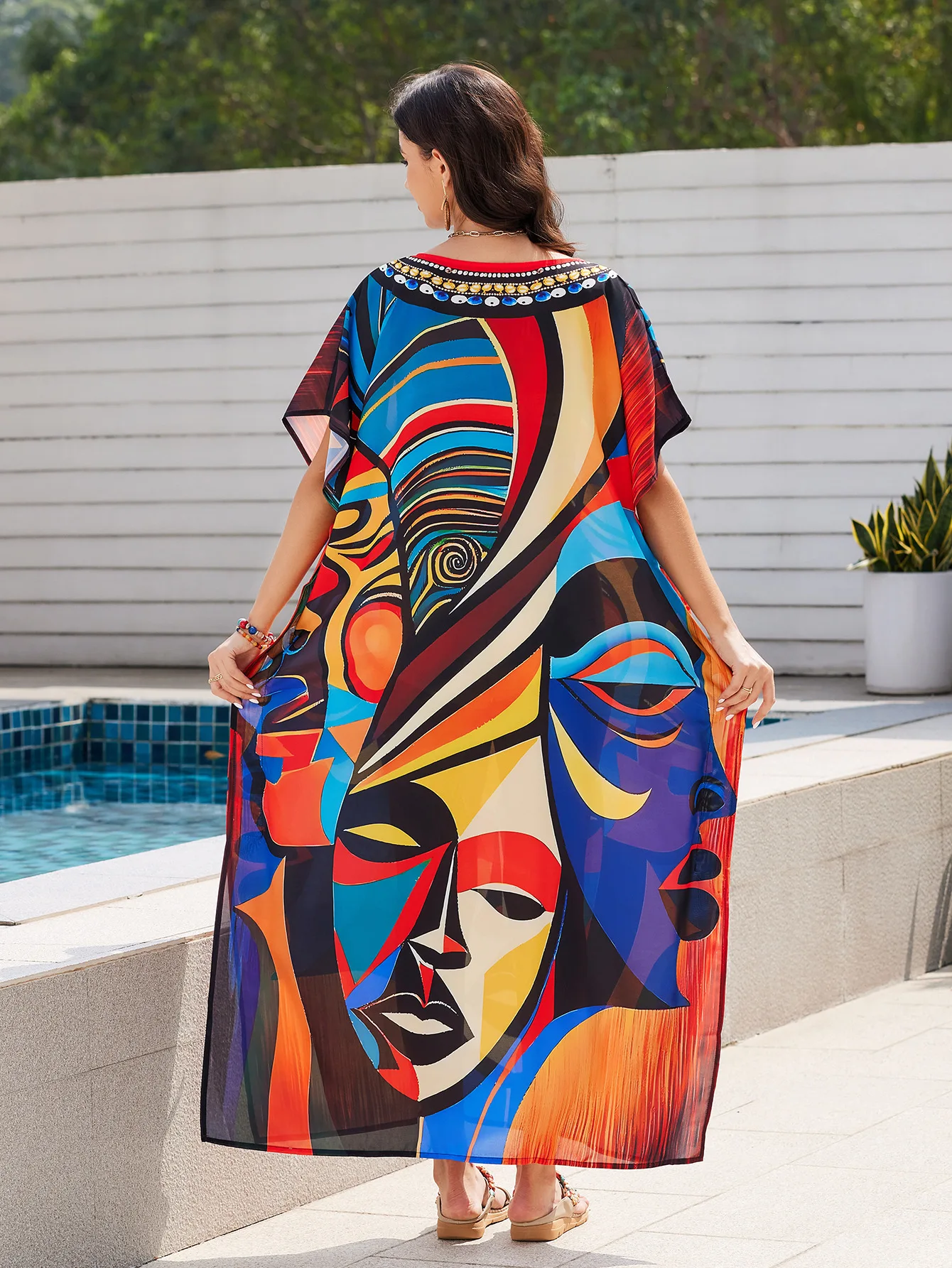 レディース Vネック バットウィングスリーブ カフタン ドレス 軽量 ビーチウェア 水着カバーアップ ムームー トロピカルバケーション用