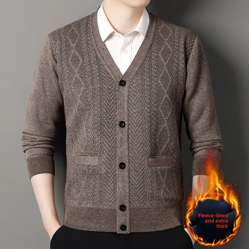 Autumn and Winter Velvet Thickened Men's Knitted Loose Casual Cardigan Sweater Jacket V-neck Outer Wear Warm  Mens Sweater