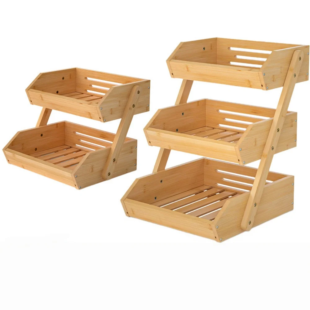 2/3‑Tier Bamboo Fruit Basket Kitchen Storage Rack, Large Capacity Open Slat Countertop Organizer for Veggies Bread Fresh Food