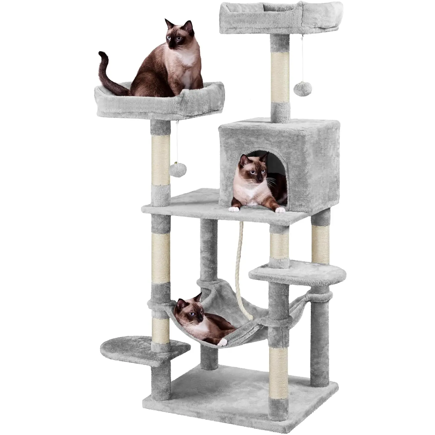 59in Cat Tree for Multiple Cats, Multi-Level Activity Tower w/Hammock, Condo, Perches, Extended Platforms for Climbing & Jumping