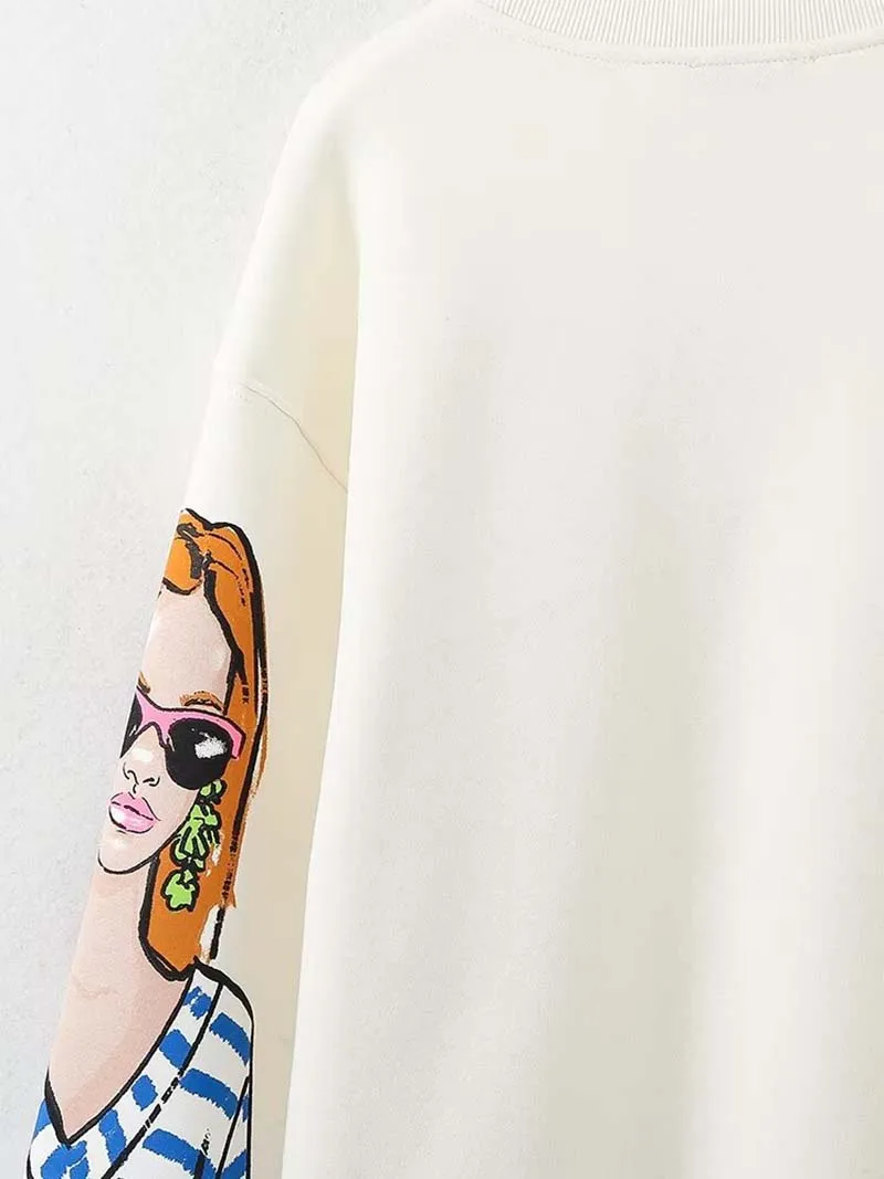 TRAF ZR O-Necked Sweatshirts for Women Casual Hoodies Chic Pullovers Female Tops Beauty Girls Print New Fashion 2024
