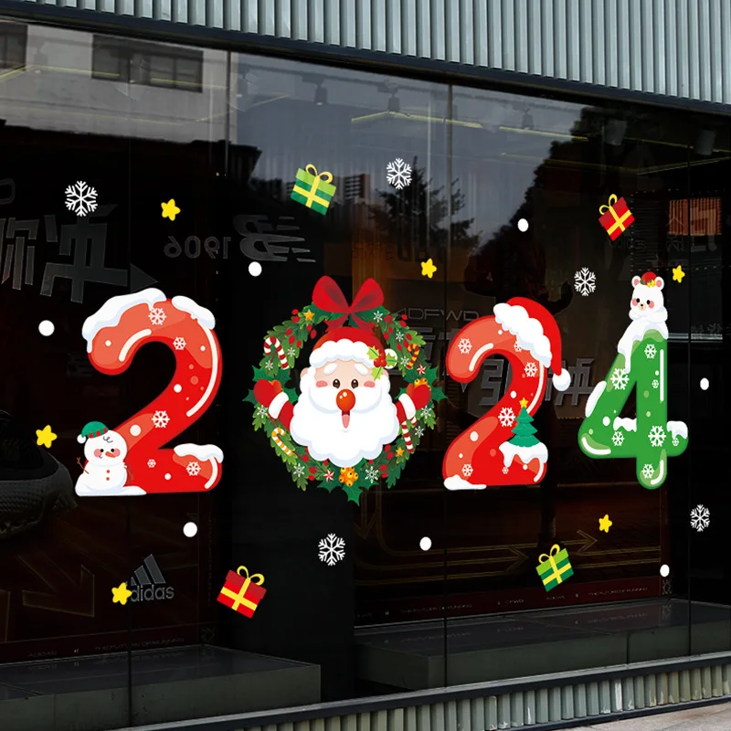 2024 Merry Christmas Window Sticker Santa Claus Snowflake Elk DIY Home Wall Decal Christmas Decoration Near Year Gift Xmas Decor