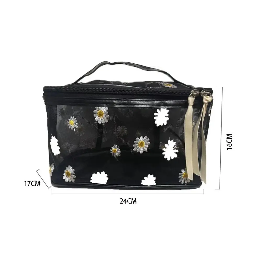 Daisy Embroidery Makeup Bag New Large Capacity Mesh Transparent Makeup Organizers Flocking Nylon Storage Bags Outdoor