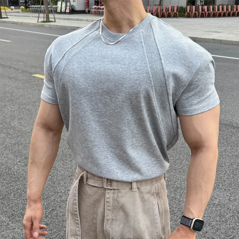 Summer Liquid Ammonia Heavyweight Boxy Patchwork Short Sleeve T-Shirt Men's Fitness Casual Top