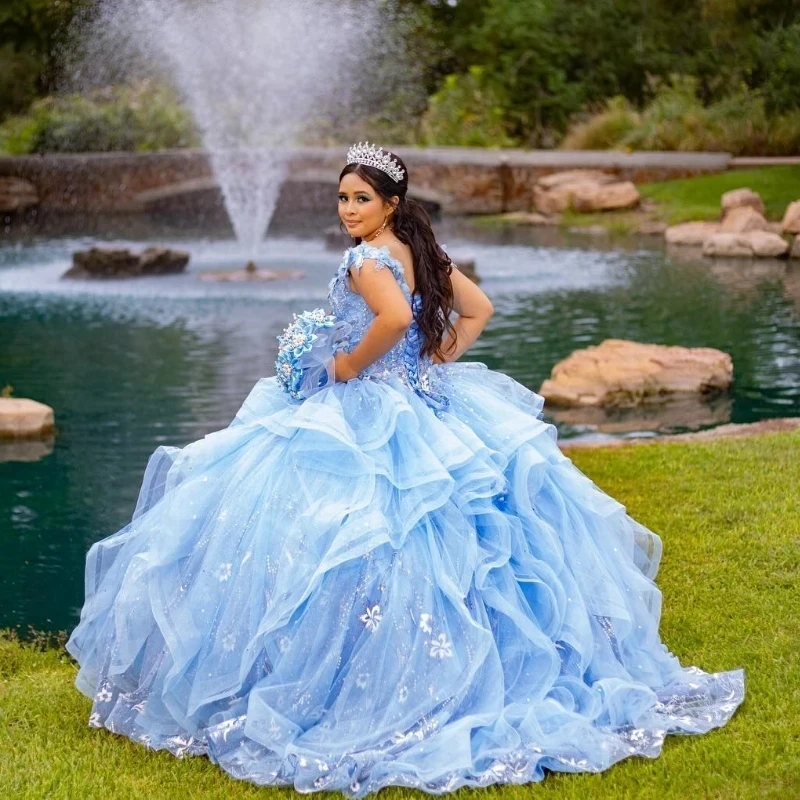 Sky Blue V-Neck Ball Gown Quinceanera Dresses For Girls Beaded Birthday Party Gowns Applique Beads Lace Up Back Graduation Gown