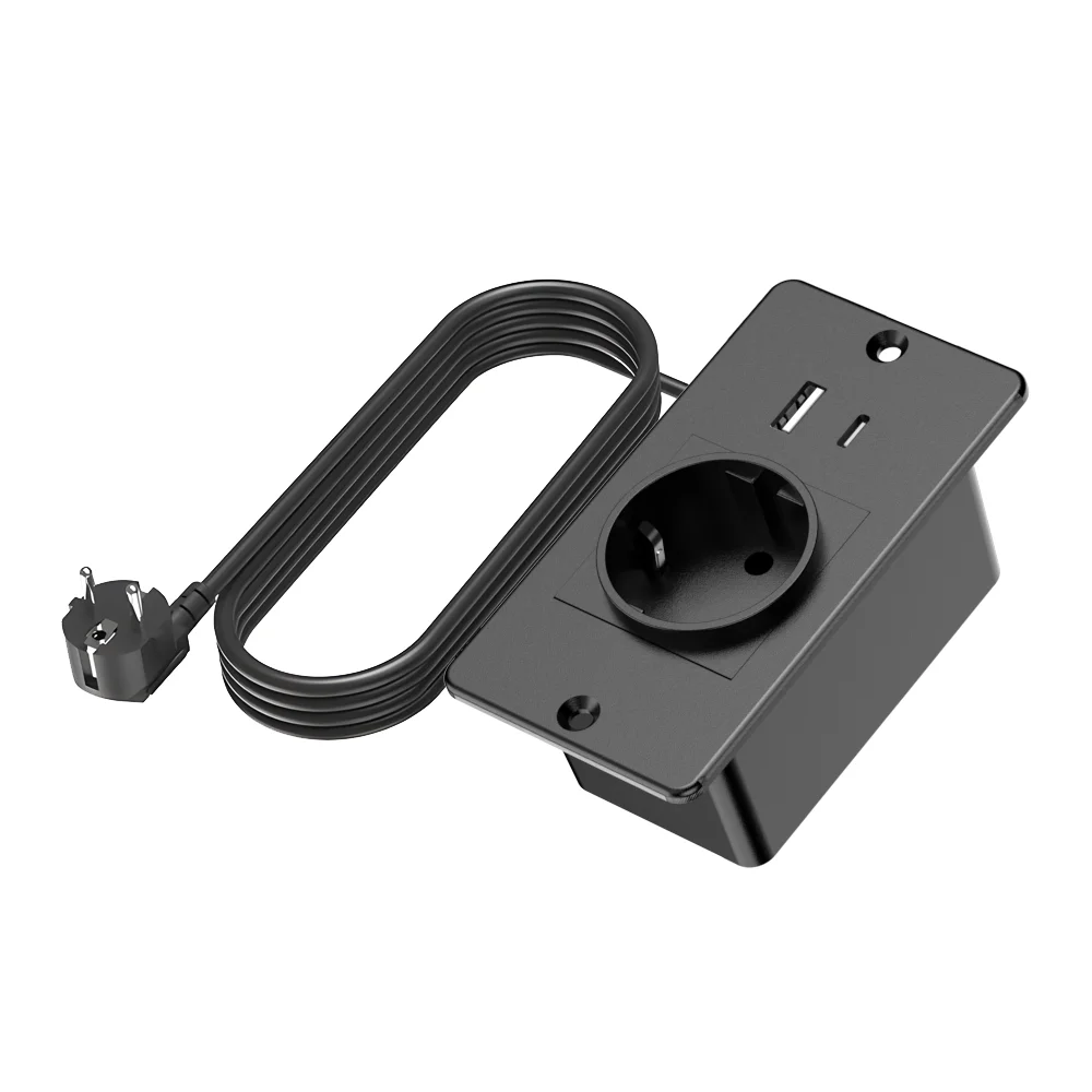 Embedded EU Power Strip with USB-A&Type-C Port 1 AC Outlet 4.92ft Extension Cord Recessed Power Socket for Home Office Black