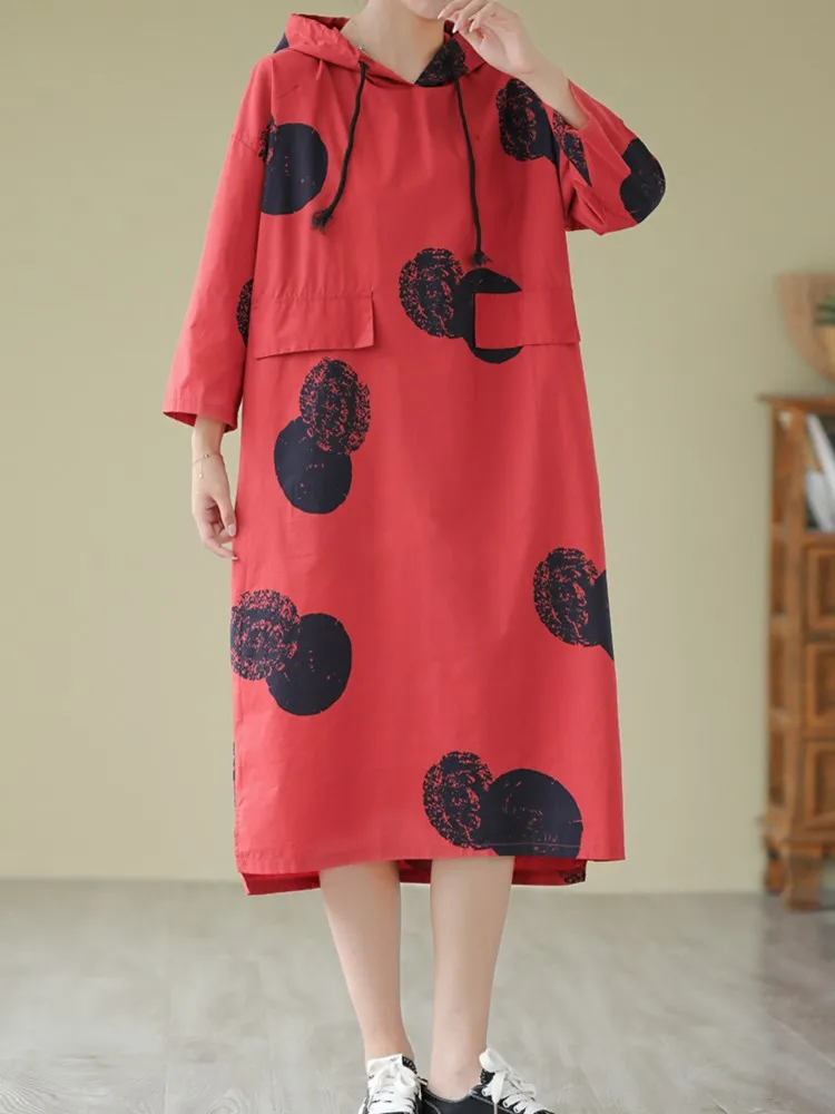 Oversized Autumn Hoodies Midi Dress Women Polka Dot Print Fashion Casual Loose Ladies Dresses Long Sleeve Woman Dress 2023