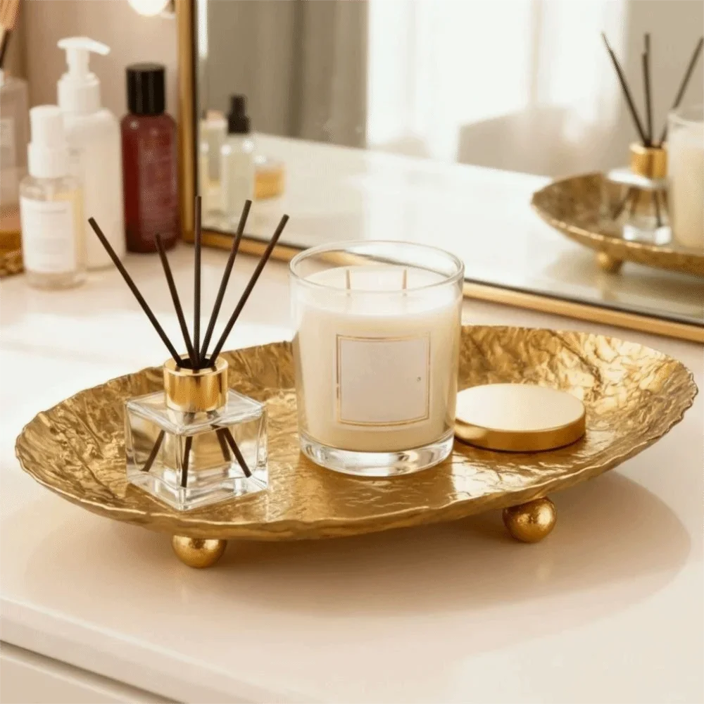 Wrought Iron Desktop Storage Tray Golden Wrinkle Design Key Storage Plate Hammer Texture Sundries Storage Organizer Entryway
