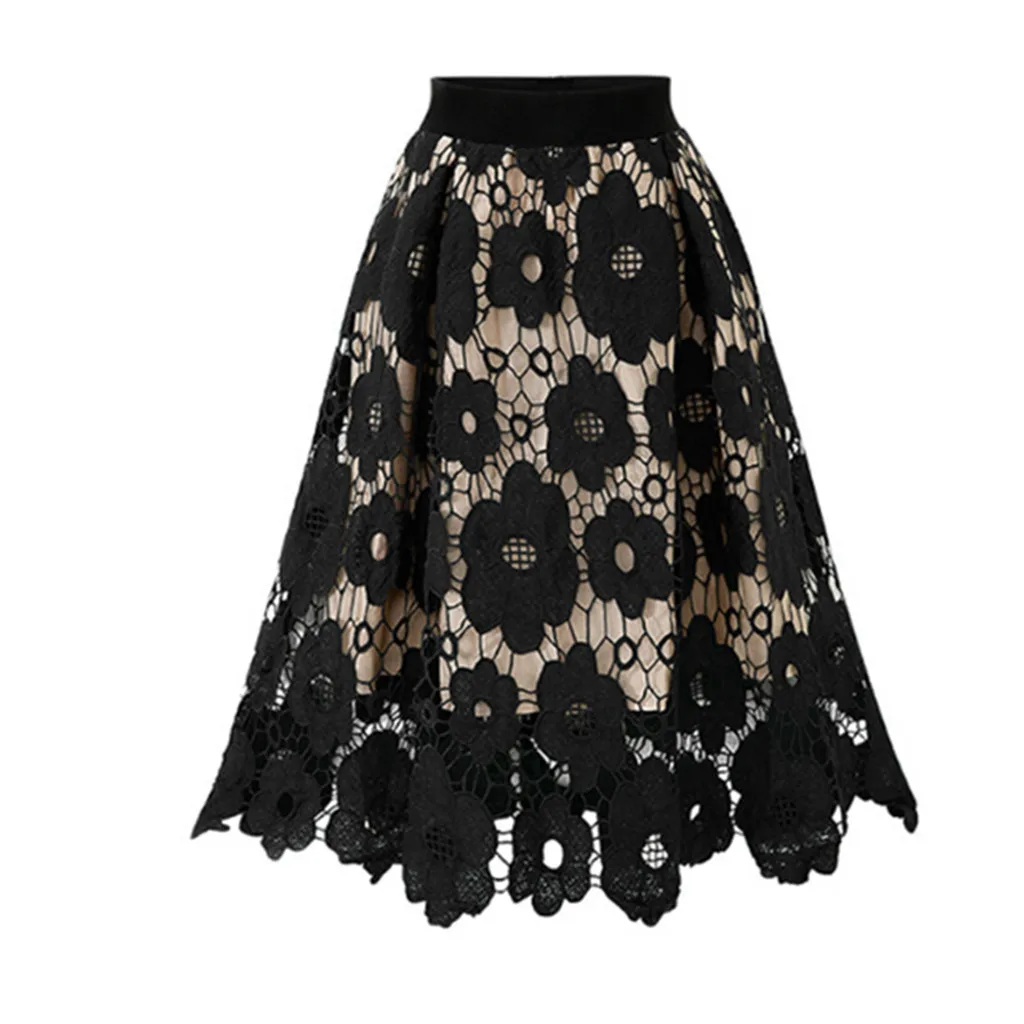 Women's Skirt High Elastic Waist Hollow Floral Lace A-Line Large Hem Women's Commuting Party Long Skirt Holiday Party Skirts