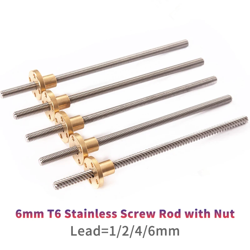 Śruba drukarki 3D T6 Stal nierdzewna Duży ołowiany śruba trapezowa Pręt 100 mm 200 mm 300 mm 400 mm 500 mm z miedzianą nakrętką ołowiu 1/2/4/6 mm