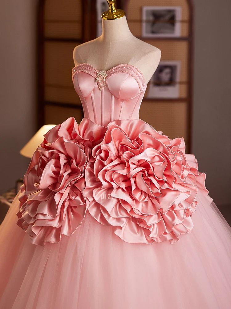 

Pink Luxury 3D-Flowers Prom Dresses Women Strapless A-Line Pleated Special Occasion Dresses Customized Evening Party Dresses