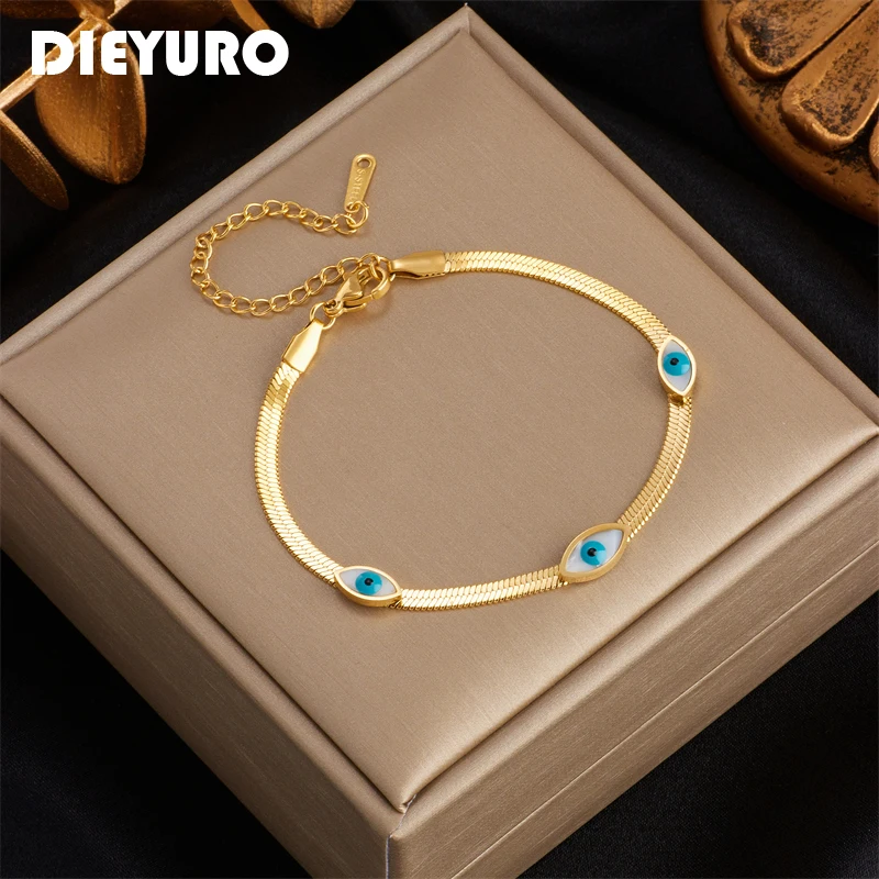 DIEYURO 316L Stainless Steel Blue Eye Charm Bracelet for Women Rustproof Gold Color Girls Wrist Jewelry Party Wedding Gifts