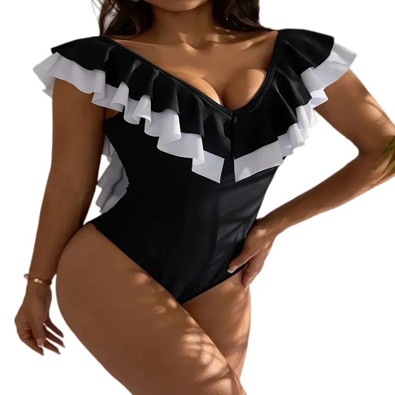 

Women Color Block Ruffle One Piece Swimsuit - V Neck Backless Bathing Suit Slim Tummy Control High Cut Bikini Monokini
