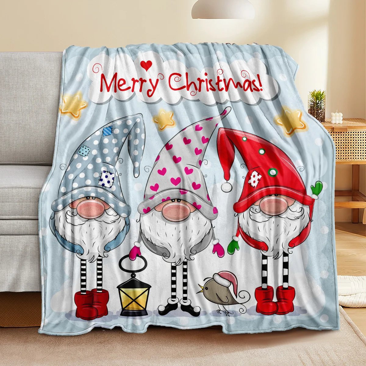 

Cozy Christmas Flannel Blanket Santa & Snowman Pattern Perfect for Sofa Bed Office & Travel Machine Washable For All Seasons