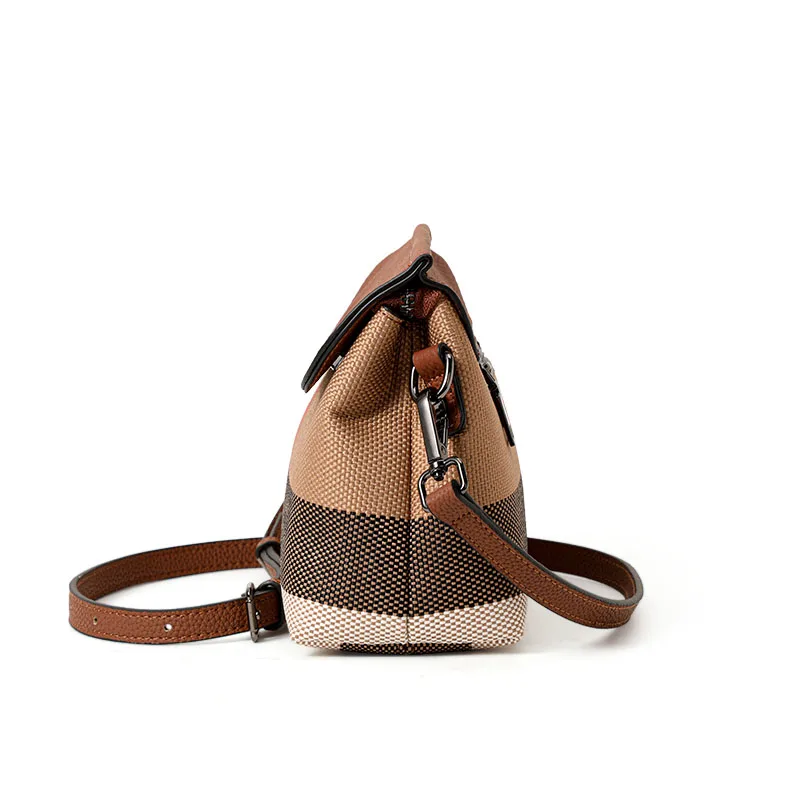 Aidrani Women Spliced Canvas Cowhide Crossbody Purse, Plaid Pattern Adjustable Shoulder Bag, Casual Handbag for Daily Outdoor view 4