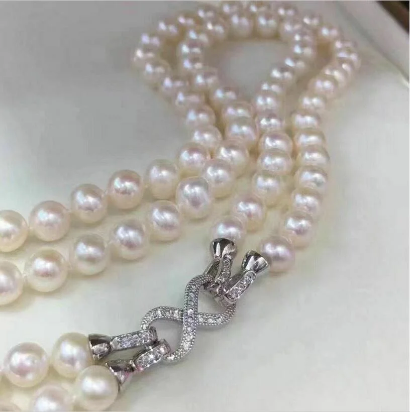 18 inch double chain AAA++7-8mm natural Akoya white pearl necklace 925S