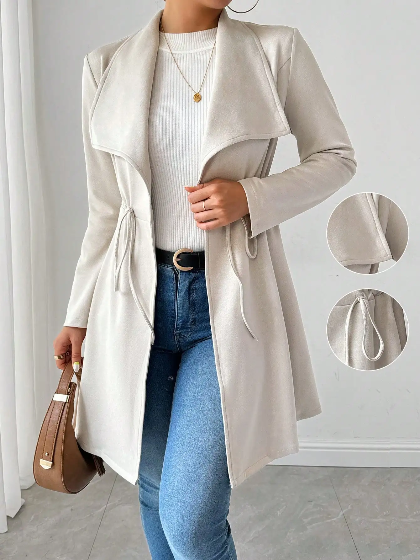 

Elegant Drawstring Long Sleeve Faux Suede Jacket for Women, Fall Winter Cozy Outerwear