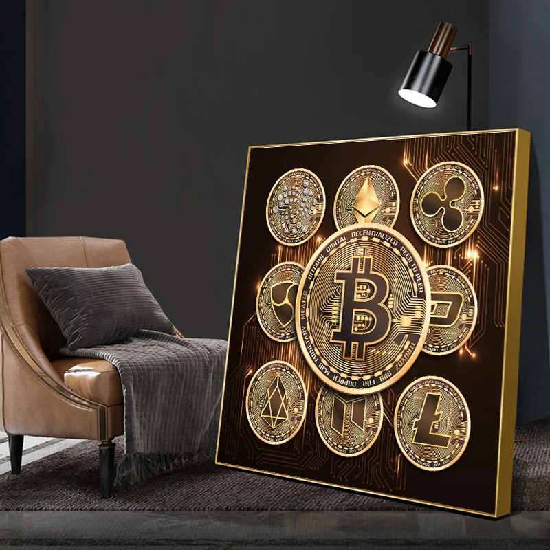 

Financial Collection Value Bitcoin Painting on The Wall Art Print on Canvas Poster Prints Picture Golden Bedside Office Decor