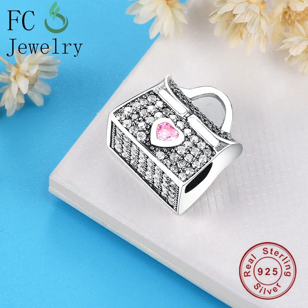 FC Jewelry Fit Original Pan Charms Bracelet 925 Sterling Silver Bag Pave Zircon Love Pink Heart Handbag Beads Berloque 2022