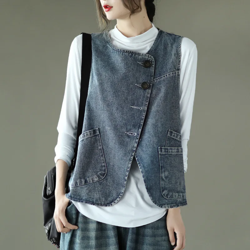 

Clothing Spring Square Neck Diagonal Flap Denim Vest Loose Sleeveless Cardigan Women's Vest Coat Top