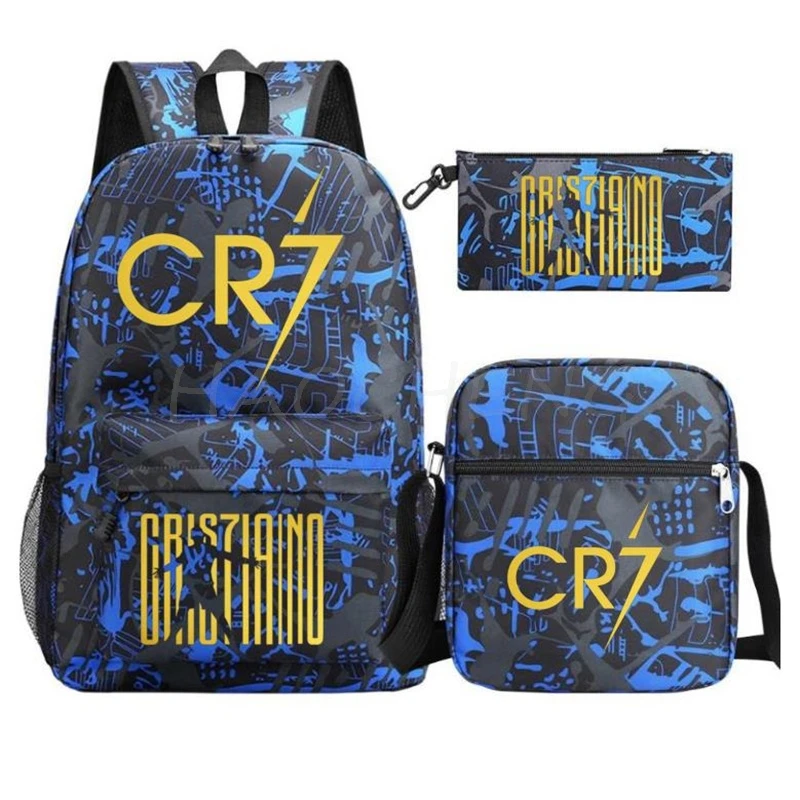 Mochila escolar de futebol para meninos adolescentes, mochilas escolares, sacos de viagem, Laptop Zipper Rucksack, estudantes sacos, CR7, novo, 3Pcs