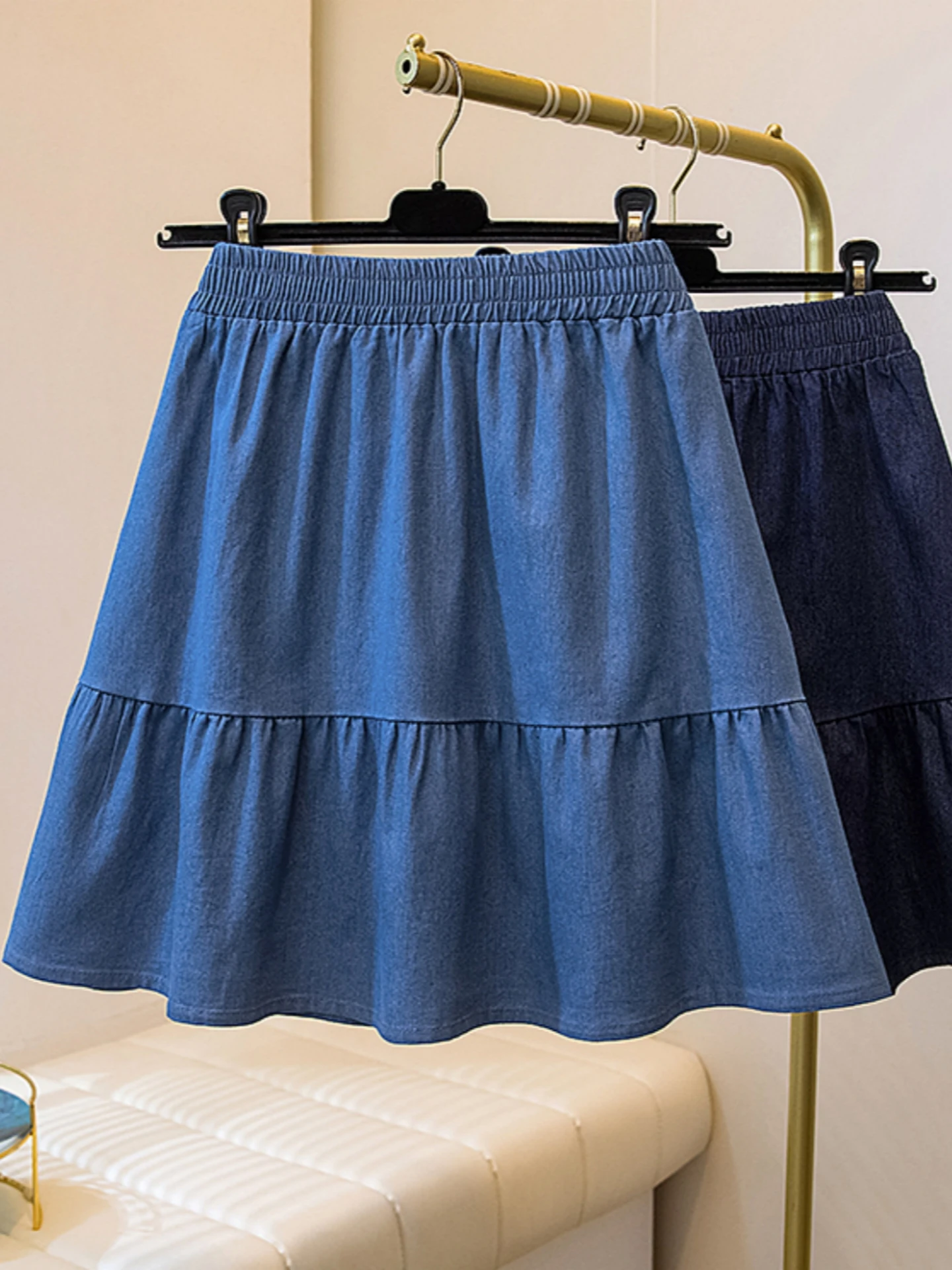 

Blue Denim High Waist Pleated A-Line Skirt Women's Summer plus Size Slimming Design Elastic Waist Pleated Skirt