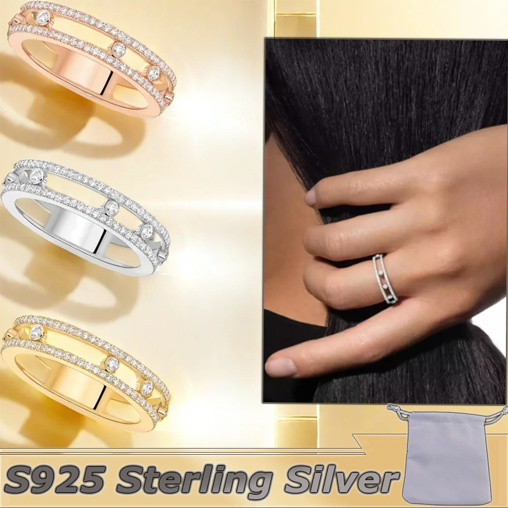 S925 Silver Move Ring Solitaire Moving Ring Official Website Classic Luxury Jewelry Girlfriend Christmas Gift Full Diamond