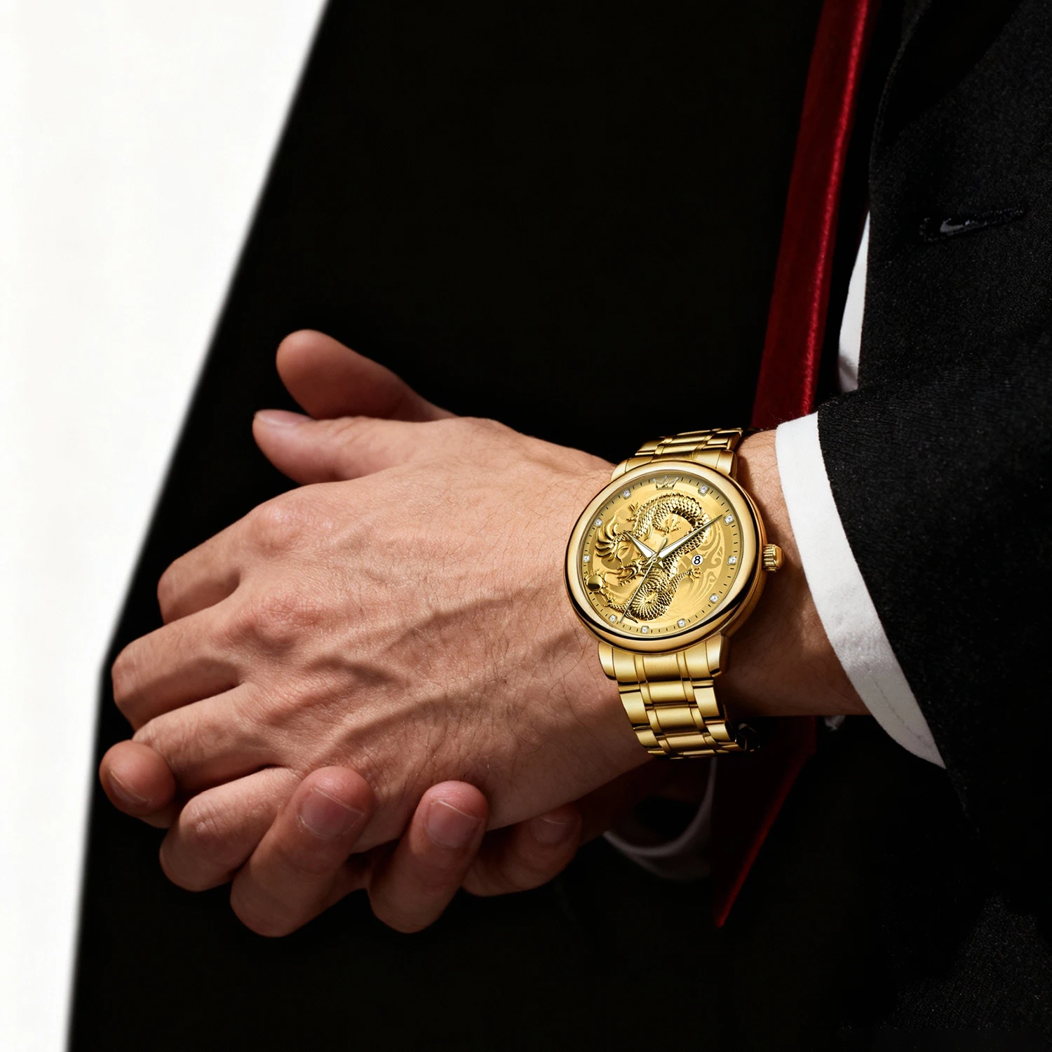 ساعة كوارتز عصرية للرجال بمينا تنين من الفولاذ الماسي 2025 - ساعة يد فاخرة مقاومة للماء