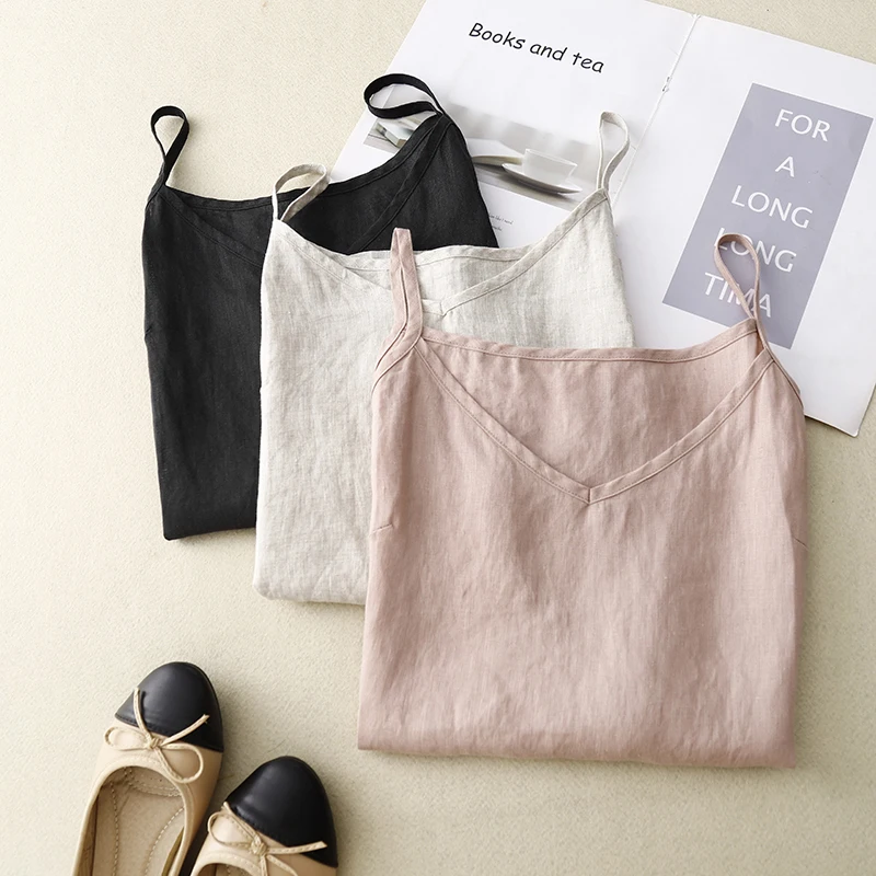 Cotton and Linen Soft V-neck Small Sling Inner Tower Base Shirt Women's Summer New Korean Artistic Elegant Loose Casual Top Vest
