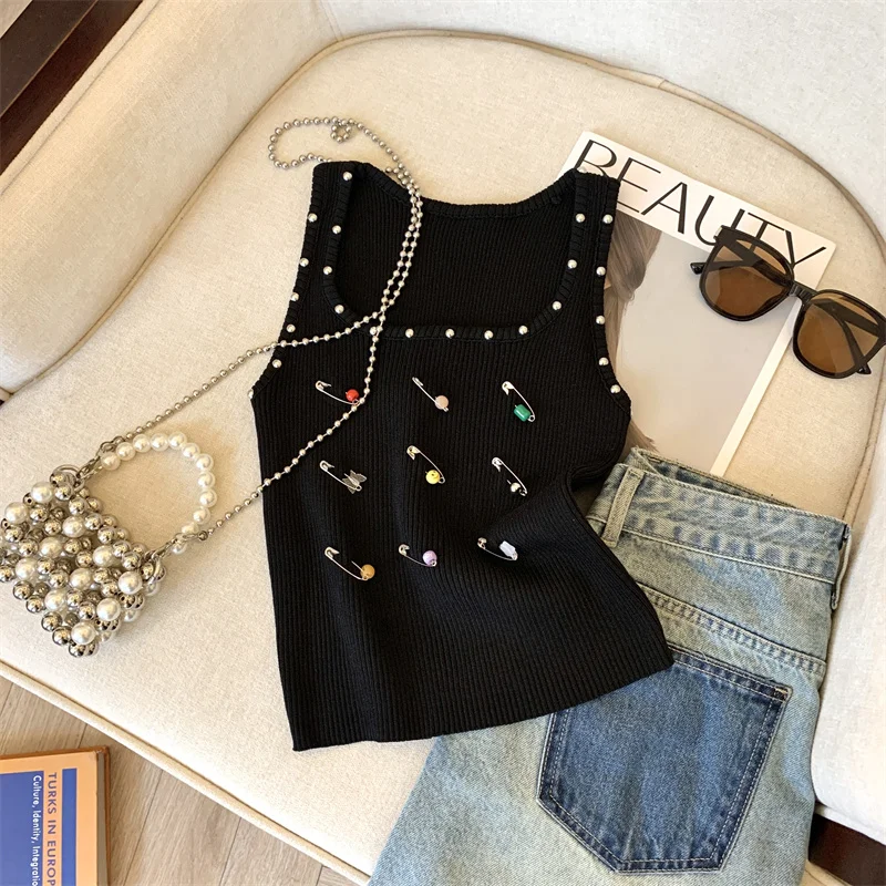 Sexy Stylish Slim Knit Sweater Vests Women Chic Crop Tops 2024 Summer Sleeveless U-neck Rivets Streetwear Fashion Knitwear Jumpe