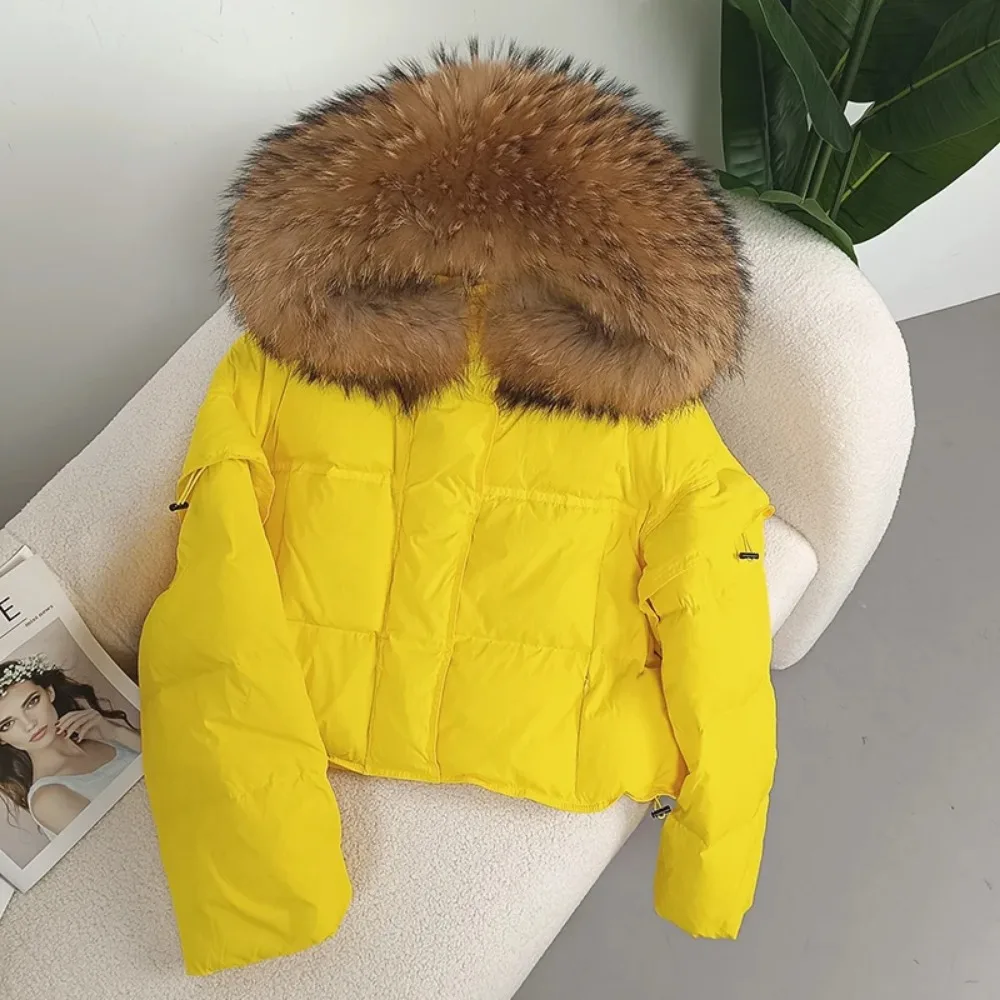 Autumn Winter Women Real Raccoon Fur Collar Hooded Detachable Sleeve Jacket Duck Down Loose Fashionable Streetwear Outerwear