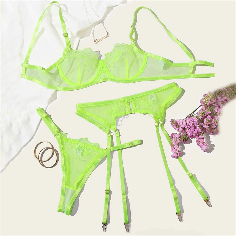 Underwear set Fluorescent color lace gauze embroidery sexy underwear set sexy underwear three-piece set