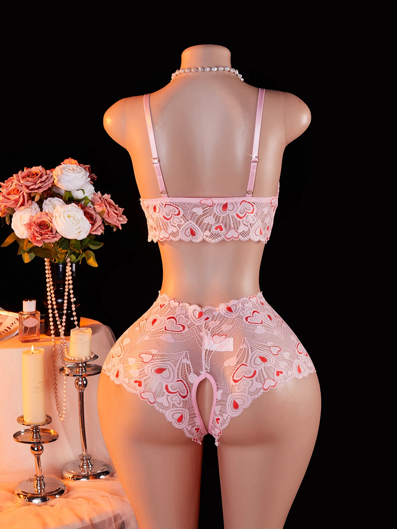 Pakaian Tidur Wanita 2-pcs Erotis, Bra Terbuka, Piyama Seksi Berbahan Renda Transparan, Motif Hati Pink, Lucu, Nyaman, Bernapas, Celana Pendek Tanpa Selangkangan