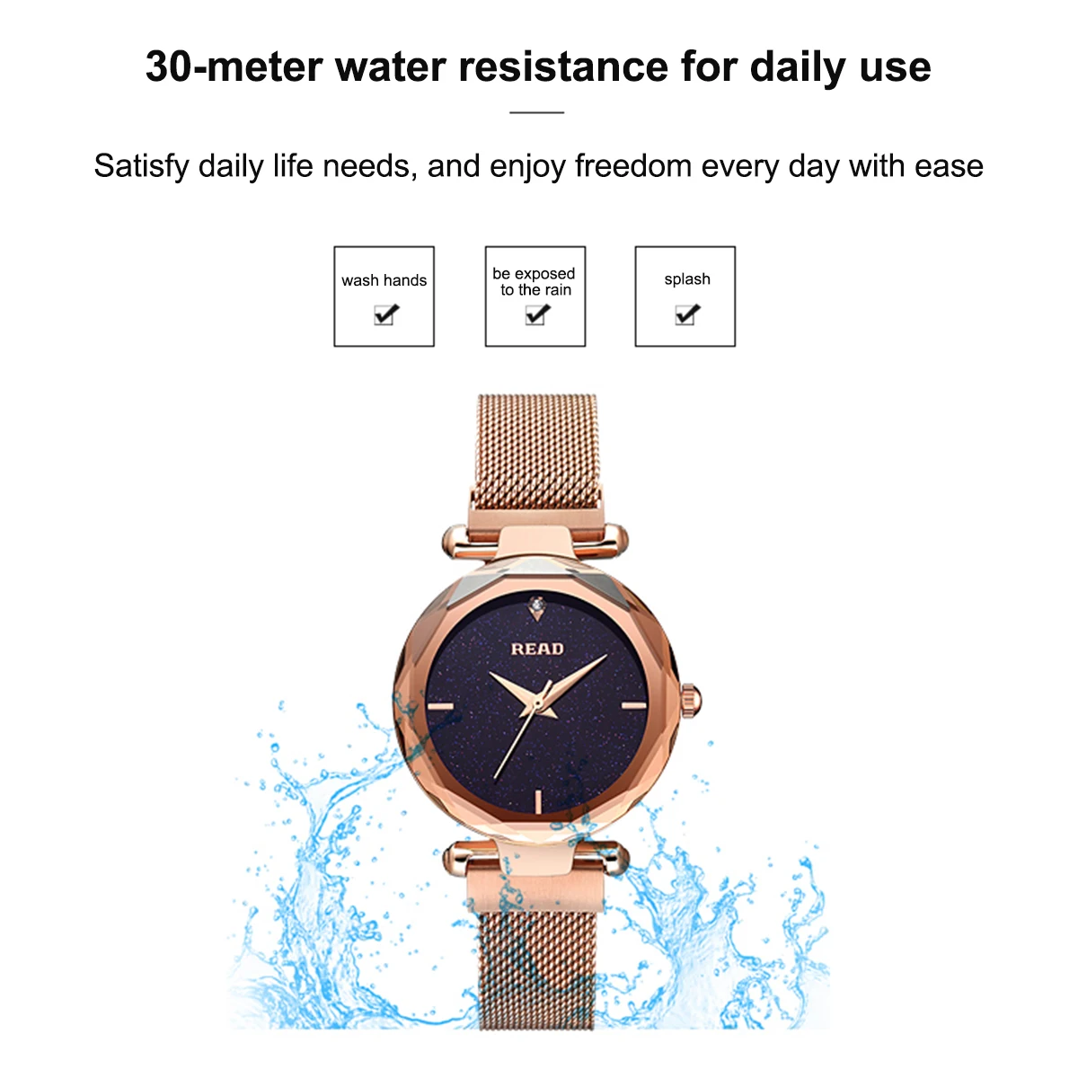 READ Ladies Quartz Watch | Stainless Steel Mesh Band | Magnetic Clasp | Starry Dial | 30M Daily Water Resistant Wrist Watch