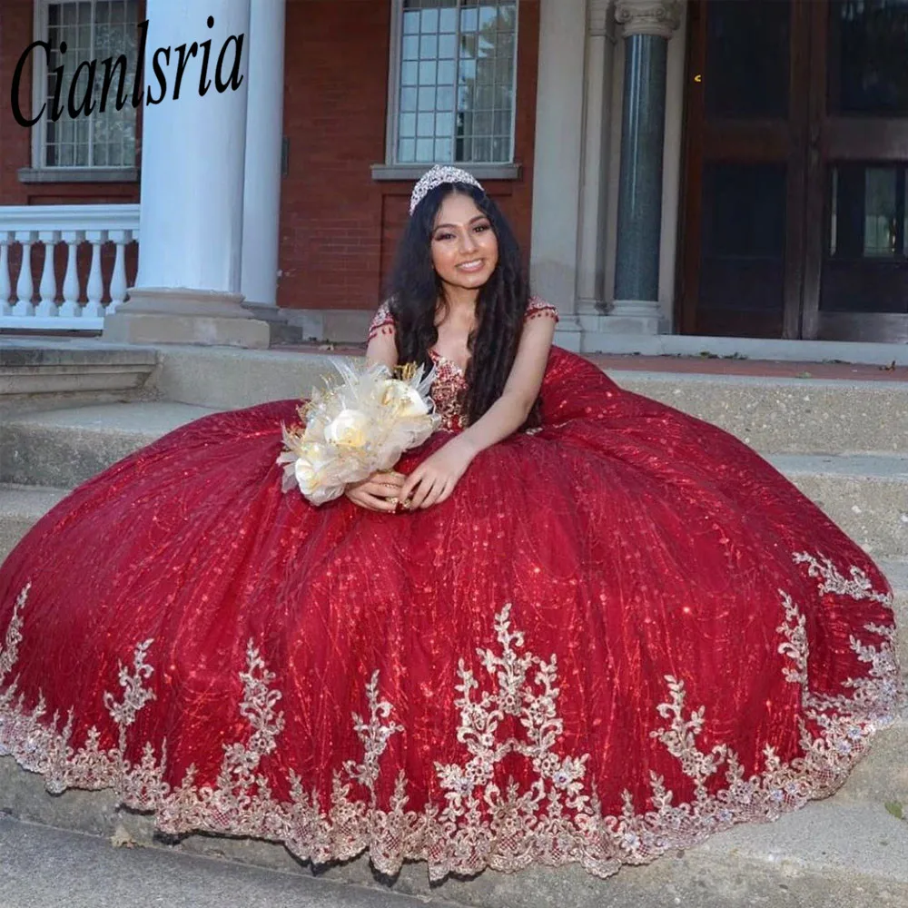 Red Quinceanera Dress Cap Sleeves  Sweet Prom Dress 3D Applique Beading 16 Princess Masquerade Party Dress