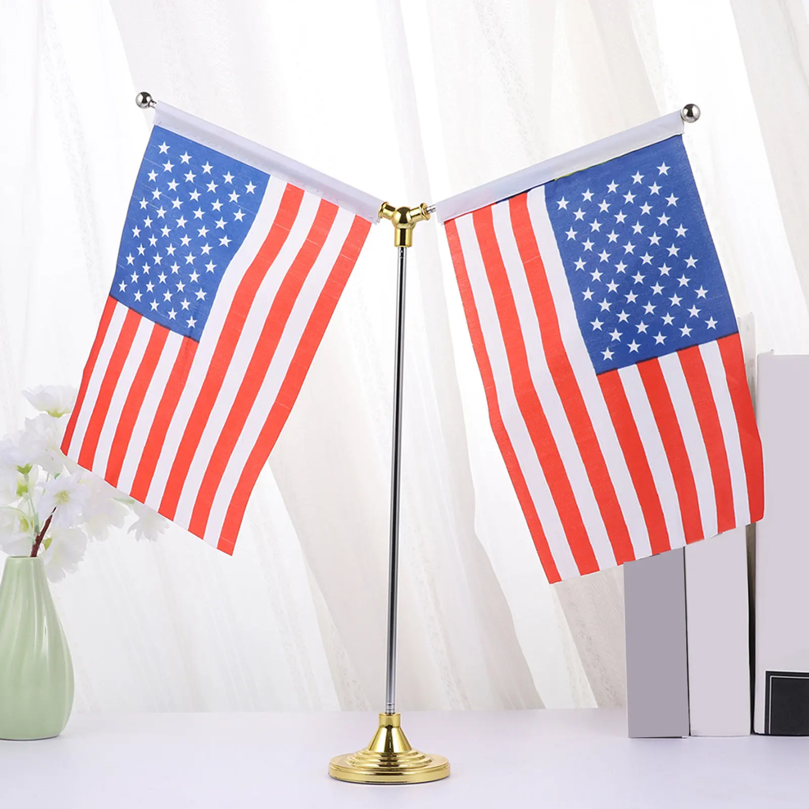 2Pcs Office Desktop Flag Decor Us Decoration Polyester Double Stitched Small Mini Flags with Golden Base for Home