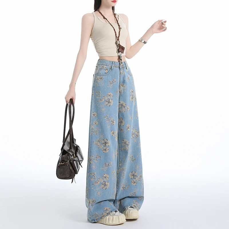 Loose Korean Denim Floral Print Casual High Quality Y2k Summer Flared Jeans Women Look Thinner Bootcut Pants