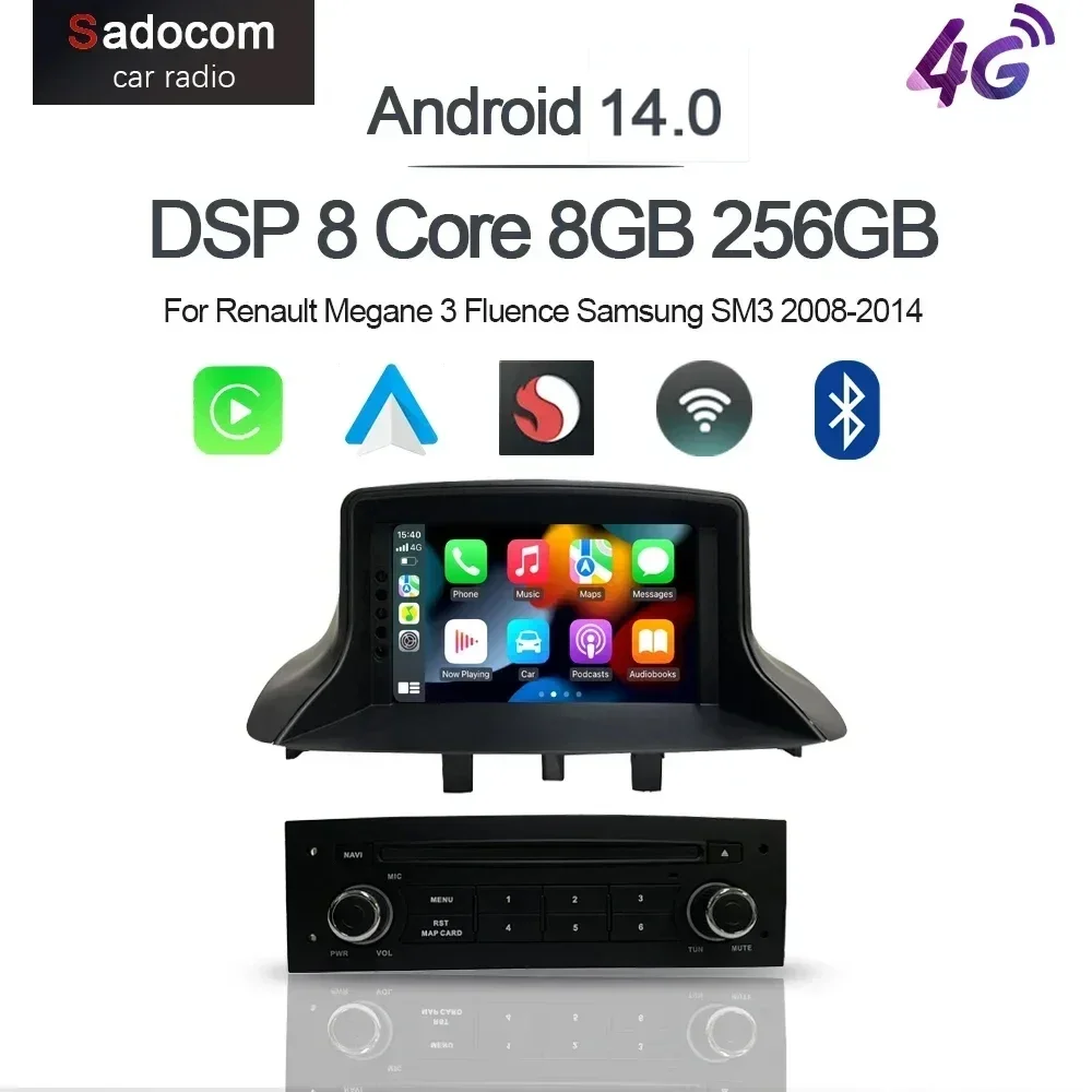 Carplay Android 13.0 8G+256G 8 Core GPS Car Player Wifi multimedia navigation For Renault Megane 3 Fluence Samsung SM3 2008-2014