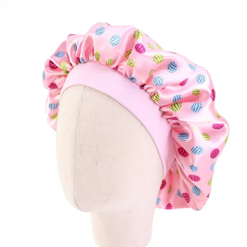 Elastic Children Satin Bonnet Cartoon Nightcap Round Synthetic Silk Shower Caps Night Sleep Polyester Hat Solid Lining