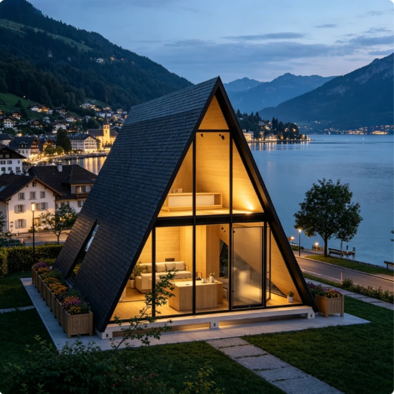 Glass Wall A-Frame House Triangle Cabin Modern Prefabricated Wood Villa Luxury Tiny Home for Beach Side and Mountain Resort