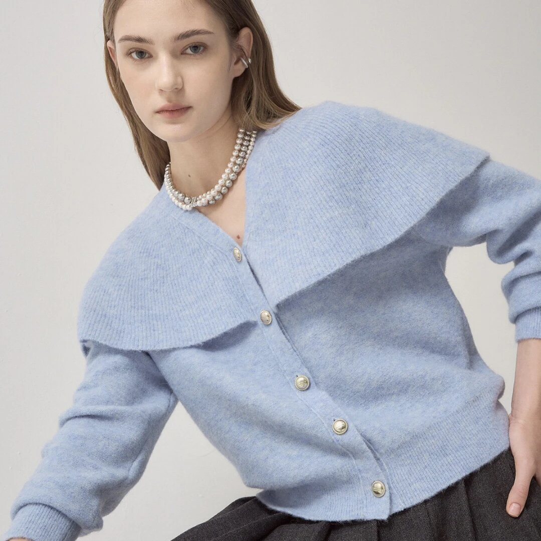 

Осень-зима, открытый кардиган из смеси шерсти, корейский вязаный свитер на одно плечо, большой кружевной воротник, удобный свободный крой