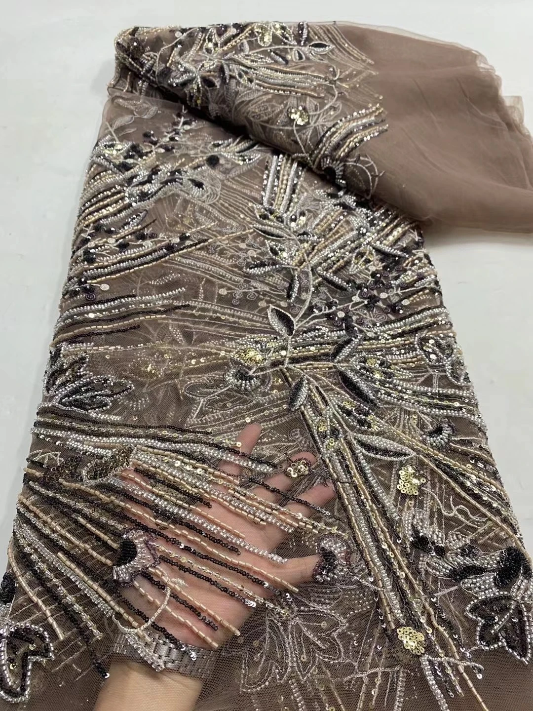 Luxury African Mesh Lace Sequin Fabric,Fabrics By The Meter,For Sewing,Clothes,Tulle,Wedding Evening Dresses,Embroidery,5 Yards